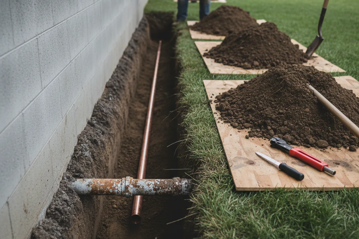 Excavated water line trench during Water Heater Repair in Lawrenceburg